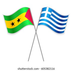 Sao Tomean and Greek crossed flags. Sao Tome and Principe combined with Greece isolated on white. Language learning, international business or travel concept.