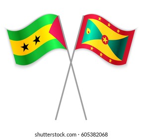 Sao Tomean and Grenadian crossed flags. Sao Tome and Principe combined with Grenada isolated on white. Language learning, international business or travel concept.