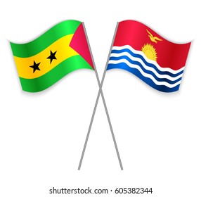 Sao Tomean and I-Kiribati crossed flags. Sao Tome and Principe combined with Kiribati isolated on white. Language learning, international business or travel concept.