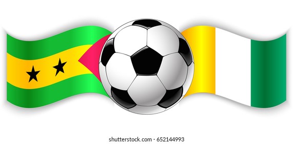 Sao Tomean and Ivorian wavy flags with football ball. Sao Tome and Principe combined with Ivory Coast isolated on white. Football match or international sport competition concept.
