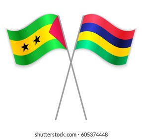 Sao Tomean and Mauritian crossed flags. Sao Tome and Principe combined with Mauritius isolated on white. Language learning, international business or travel concept.