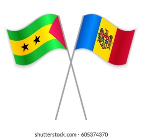 Sao Tomean and Moldovan crossed flags. Sao Tome and Principe combined with Moldova isolated on white. Language learning, international business or travel concept.