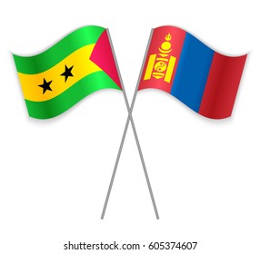 Sao Tomean and Mongolian crossed flags. Sao Tome and Principe combined with Mongolia isolated on white. Language learning, international business or travel concept.