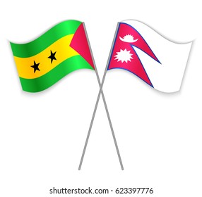 Sao Tomean and Nepalese crossed flags. Sao Tome and Principe combined with Nepal isolated on white. Language learning, international business or travel concept.