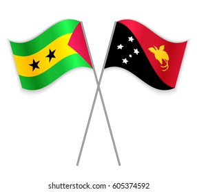 Sao Tomean and Papuan crossed flags. Sao Tome and Principe combined with Papua New Guinea isolated on white. Language learning, international business or travel concept.