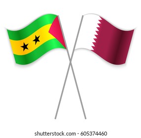 Sao Tomean and Qatari crossed flags. Sao Tome and Principe combined with Qatar isolated on white. Language learning, international business or travel concept.