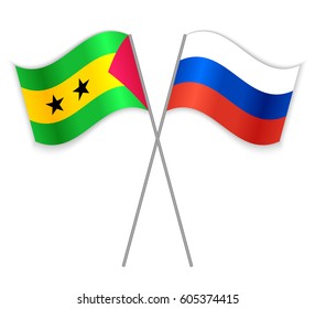 Sao Tomean and Russian crossed flags. Sao Tome and Principe combined with Russia isolated on white. Language learning, international business or travel concept.