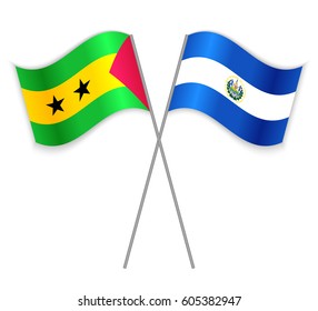Sao Tomean and Salvadoran crossed flags. Sao Tome and Principe combined with El Salvador isolated on white. Language learning, international business or travel concept.