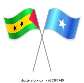 Sao Tomean and Somali crossed flags. Sao Tome and Principe combined with Somalia isolated on white. Language learning, international business or travel concept.