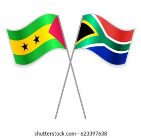 Sao Tomean and South African crossed flags. Sao Tome and Principe combined with South Africa isolated on white. Language learning, international business or travel concept.