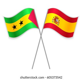 Sao Tomean and Spanish crossed flags. Sao Tome and Principe combined with Spain isolated on white. Language learning, international business or travel concept.