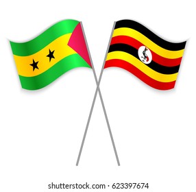 Sao Tomean and Ugandan crossed flags. Sao Tome and Principe combined with Uganda isolated on white. Language learning, international business or travel concept.