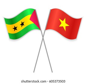 Sao Tomean and Vietnamese crossed flags. Sao Tome and Principe combined with Vietnam isolated on white. Language learning, international business or travel concept.