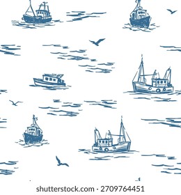 Saolboats esboço, paisagem do mar, padrão sem costura, vetor ilustração monocromática, em um fundo transparente, desenhado à mão