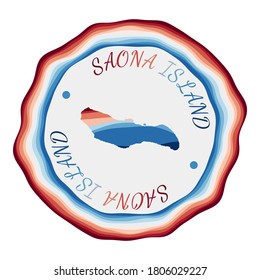 Saona Island badge. Map of the island with beautiful geometric waves and vibrant red blue frame. Vivid round Saona logo. Vector illustration.