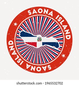 Saona Island round stamp. Logo of island with flag. Vintage badge with circular text and stars, vector illustration.