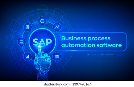 SAP Business Process Automation Software. ERP Enterprise Resources Planning System Concept On Virtual Screen. Robotic Hand Touching Digital Interface. AI. Artificial Intelligence. Vector Illustration.