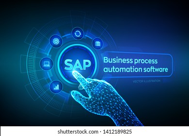 SAP Business process automation software. ERP enterprise resources planning system concept on virtual screen. Wireframed robotic hand touching digital graph interface. AI. Vector illustration.