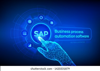 SAP Business process automation software. ERP enterprise resources planning system concept on virtual screen. Wireframed robotic hand touching digital graph interface. AI. Vector illustration.