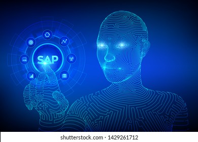 SAP Business Process Automation Software. ERP Enterprise Resources Planning System Concept On Virtual Screen. Wireframed Cyborg Hand Touching Digital Interface. AI. Vector Illustration.