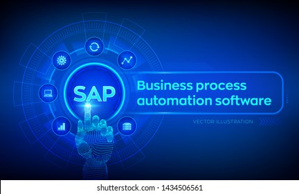 SAP Business Process Automation Software. ERP Enterprise Resources Planning System Concept On Virtual Screen. Robotic Hand Touching Digital Interface. AI. Artificial Intelligence. Vector Illustration.