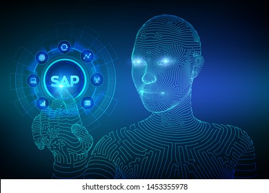 SAP Business process automation software. ERP enterprise resources planning system concept on virtual screen. Wireframed cyborg hand touching digital interface. AI. Vector illustration.