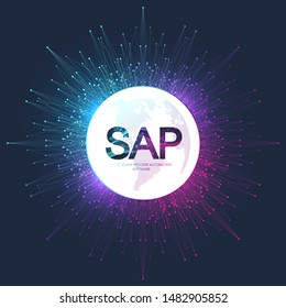 SAP Business process automation software. ERP enterprise resources planning system concept banner template. Technology future sci-fi concept SAP. Artificial intelligence. Vector illustration.