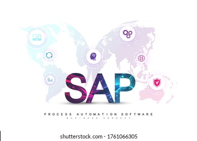 SAP Business process automation software. ERP enterprise resources planning system concept banner template. Technology future sci-fi concept SAP. Artificial intelligence. Vector illustration.