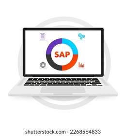 SAP Business process automation software on a laptop. Different graphic icons. Business automation software. Vector illustration