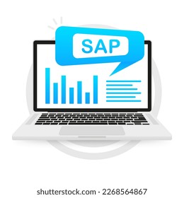 SAP Business process automation software on laptop screen. Different graphic icons. Business automation software. Vector illustration