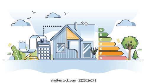 SAP calculations as standard assessment procedure for home outline diagram. Building efficiency measurement with certification level for ecology and sustainable emission control vector illustration.