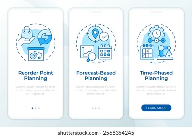 SAP consumption based planning blue onboarding mobile app screen. Walkthrough 3 steps editable graphic instructions with linear concepts. UI, UX, GUI template