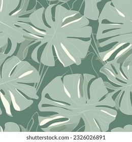 Sap Green Olive and White Abstract Line Art Monstera Leaf Fern Plant Scandinavian Design Seamless Pattern Wallpaper Curtain Bedding Background
