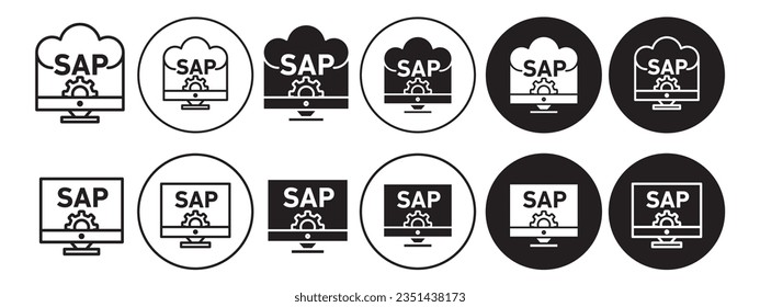 Sap Icon. Symbol of enterprise resource operation planning software. Vector set of online technology to computing data process and it's application in digital business. Flat outline of cloud program 