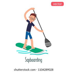 Sapboarding man flat character. Color vector illustration