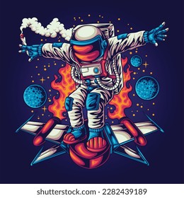 sapce astronaut surfing boat illustration for tshirt design or stickers