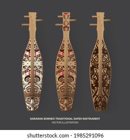 Sape or Sapeh. The most typical of Sarawak musical instruments. Sape is a traditional lute of the Orang Ulu community of central Borneo. Traditional 3 strings Sape. 
Vector Illustration.