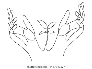 sapling care with two hands one line continuous drawing save world plant and environmental concept