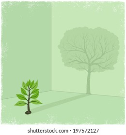 Sapling casting shadow of big tree in vector