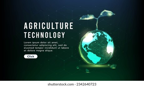 Un muestreo está creciendo en la tierra.bajo diseño de polígonos.Concepto de tecnología de agricultura de alta tecnología que resplandece los tonos verdes en el fondo oscuro.Ilustración vectorial.