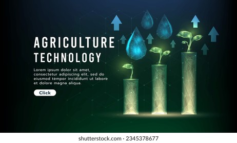 A sapling is growing on the ground with water drop.Product increase.Low polygon design.Hi-tech agriculture, green technology concept glowing green tones on hexagon dark background.Vector illustration.