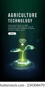 A sapling is growing on the ground.Connection to wifi.low polygon design of wifi symbol.Hi-tech agriculture, green technology concept glowing green tones on dark background.Vector illustration.