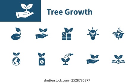 Ícone de amostragem. Conjunto de ícones vetoriais sólidos sobre o tema de crescimento, árvore, mão, negócios financeiros, desenvolvimento, meio ambiente.