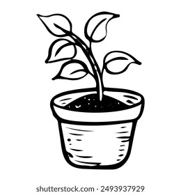 Sapling in pot doodle. Green gardening. Farm growing vegetable plants. Hand drawn vector line art illustration.