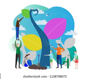 Sapling process modern vector illustration with nurturing nature, world ecology care for green future of the planet earth.Group of people working together in garden.Stylized tree with colorful leaves.