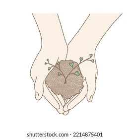Sapling, brote en el suelo en manos. Mano de las palmas, cultivo de planta joven. Dibujar a mano la ilustración vectorial del personaje de caricatura plana en textura de lápiz de color.