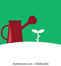 sapling of a tree growing out of the ground,red watering can,green background.vector cartoon flat.