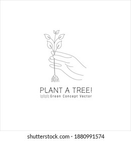 A sapling of a tree in your hand. Planting trees, landscaping. The logo is a single line, isolated on a white background.