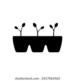 Saplings in pots icon. Black silhouette. Front side view. Vector simple flat graphic illustration. Isolated object on a white background. Isolate.