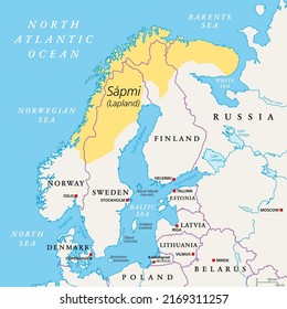 Sapmi, Lapland, political map. A cultural region in Northern and Eastern Europe, including the northern parts of Fennoscandia, stretching over the four countries Norway, Sweden, Finland and Russia.